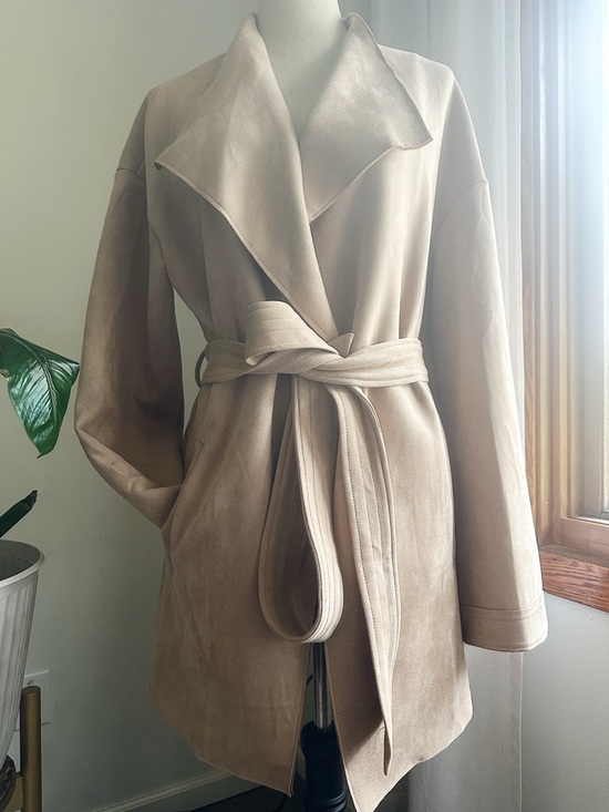 Listicle Jackets & Blazers - Listicle Faux Suede Drapey Taupe Lightweight Wrap with Tie Belt